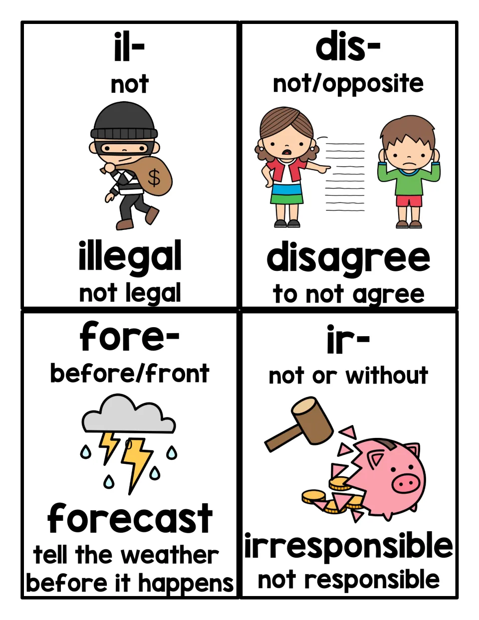 Prefix reference cards 17–20: illegal, disagree, forecast, and irresponsible, with meanings and pictures