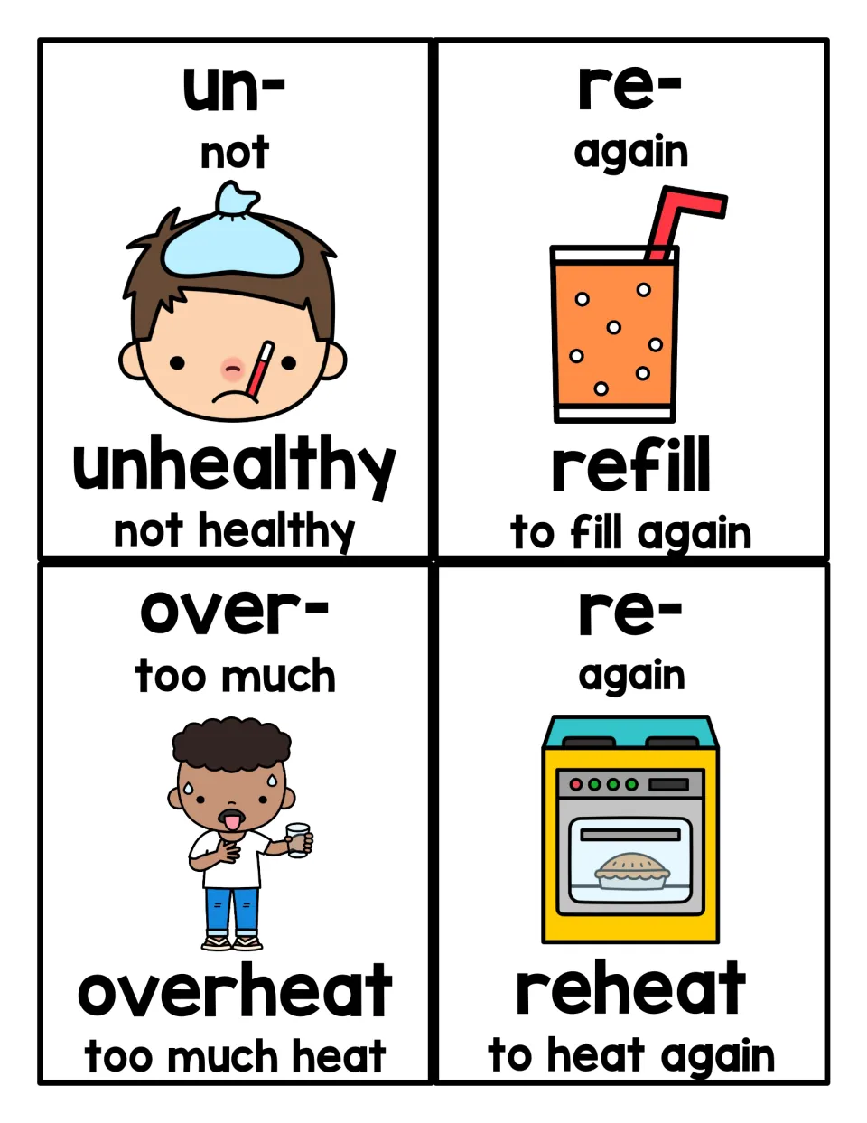 Prefix reference cards 21–24: unhealthy, refill, overheat, and reheat, with meanings and illustrations