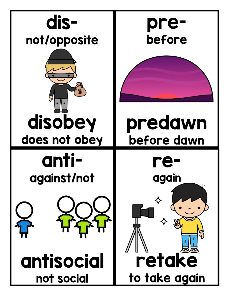 Prefix reference cards 25–28: disobey, predawn, antisocial, and retake, with meanings and illustrations