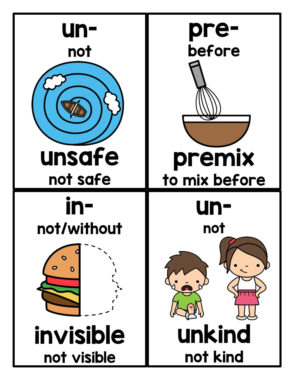 Prefix reference cards 37–40: unsafe, premix, invisible, and unkind, with prefix meanings and definitions