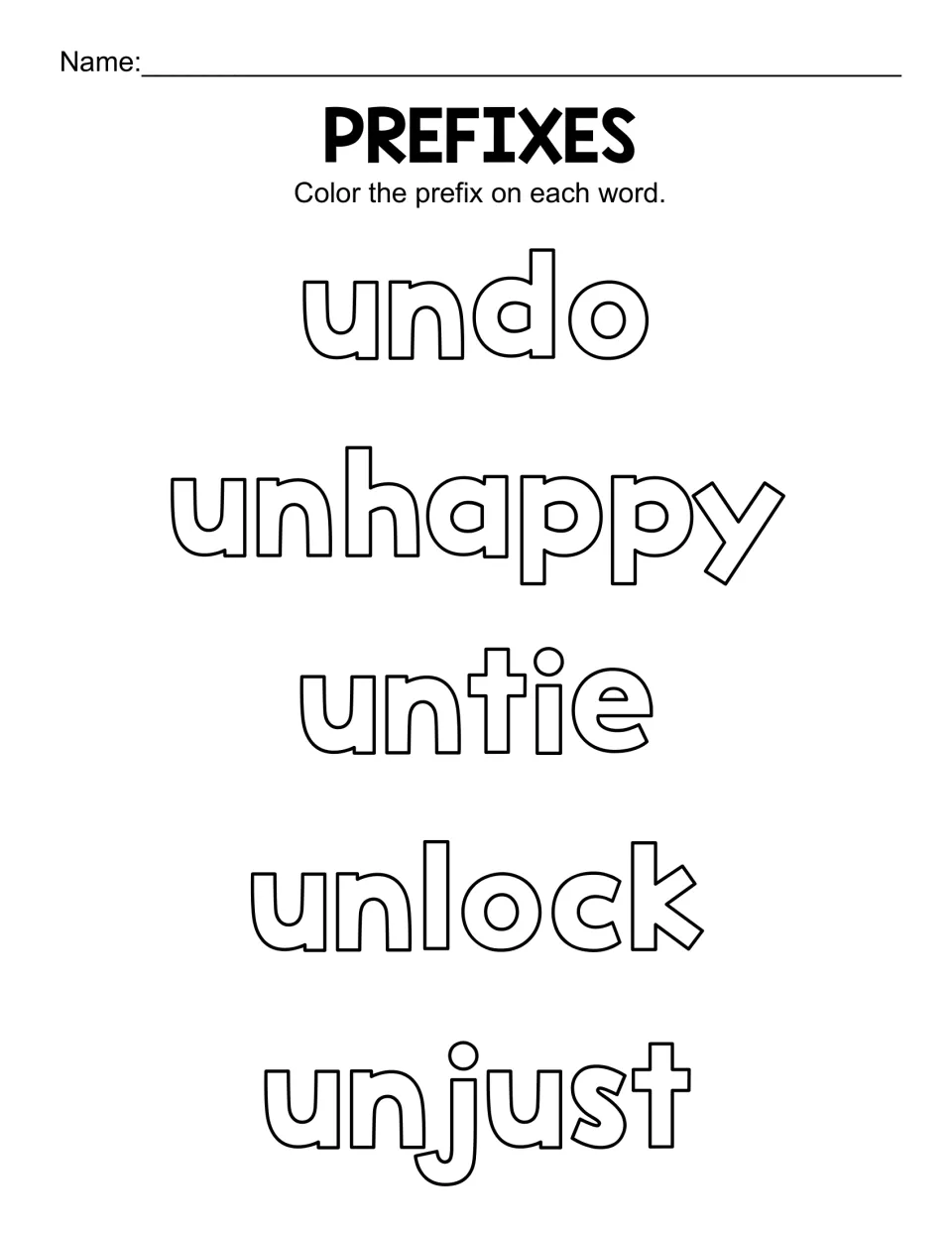 Prefix un- identification: students colour the prefix in the bubble-letter words undo, unhappy, untie, unlock and unjust