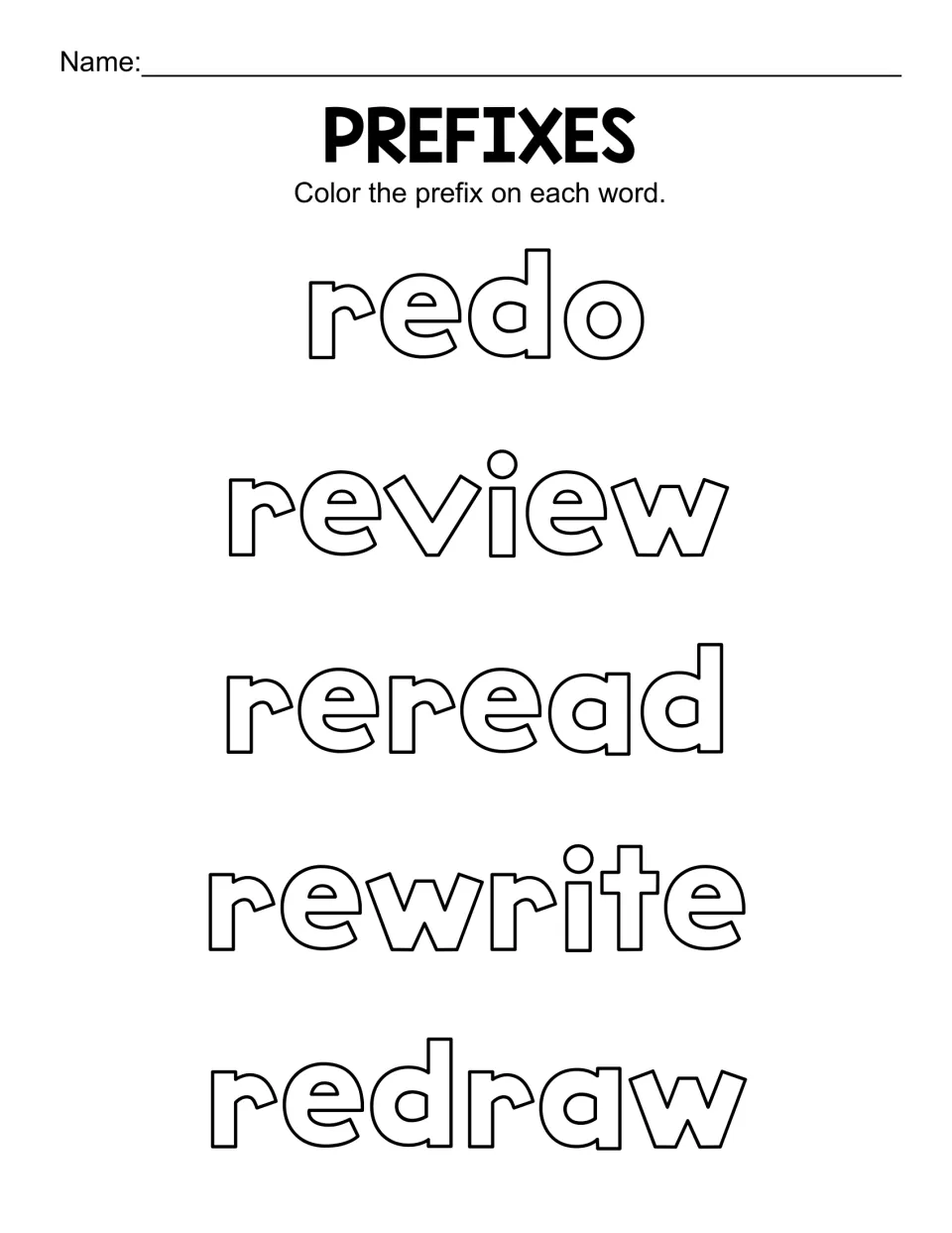Prefix re- identification: students colour the prefix in the bubble-letter words redo, review, reread, rewrite and redraw