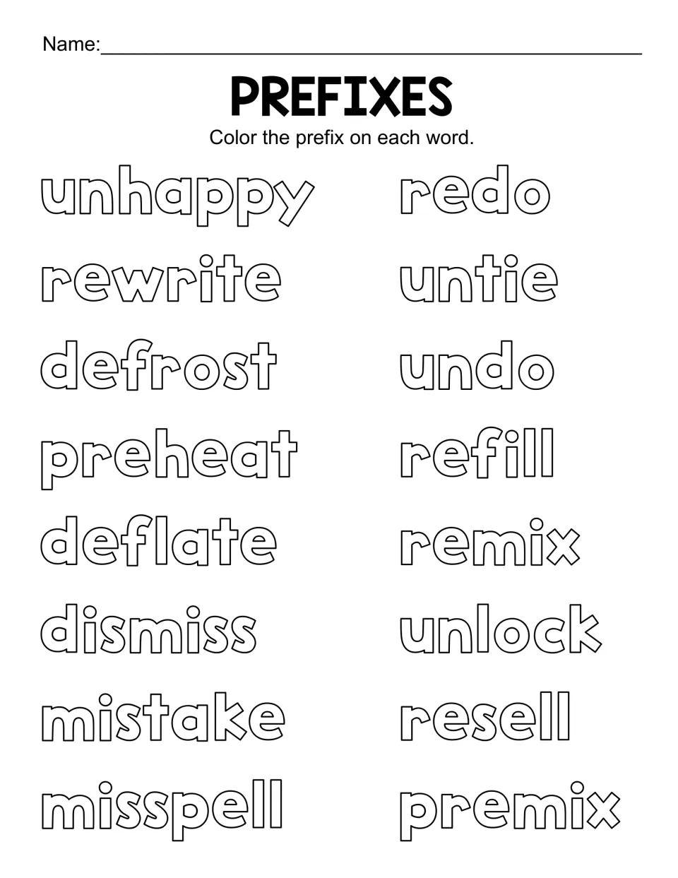Mixed prefix review: students colour un, re, pre, de, dis or mis in 16 words such as defrost, dismiss and misspell