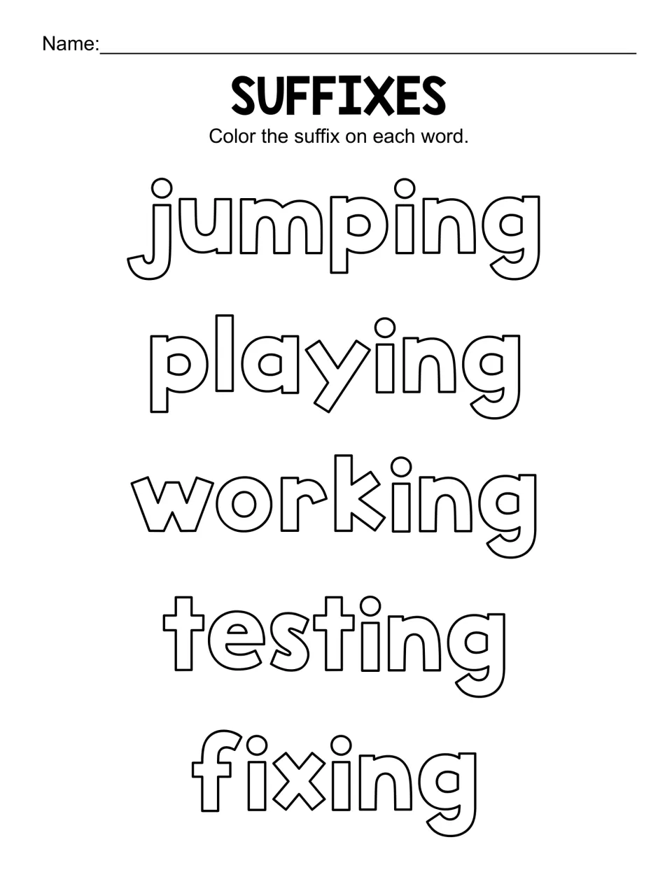Suffix -ing identification: students colour the ending in jumping, playing, working, testing and fixing