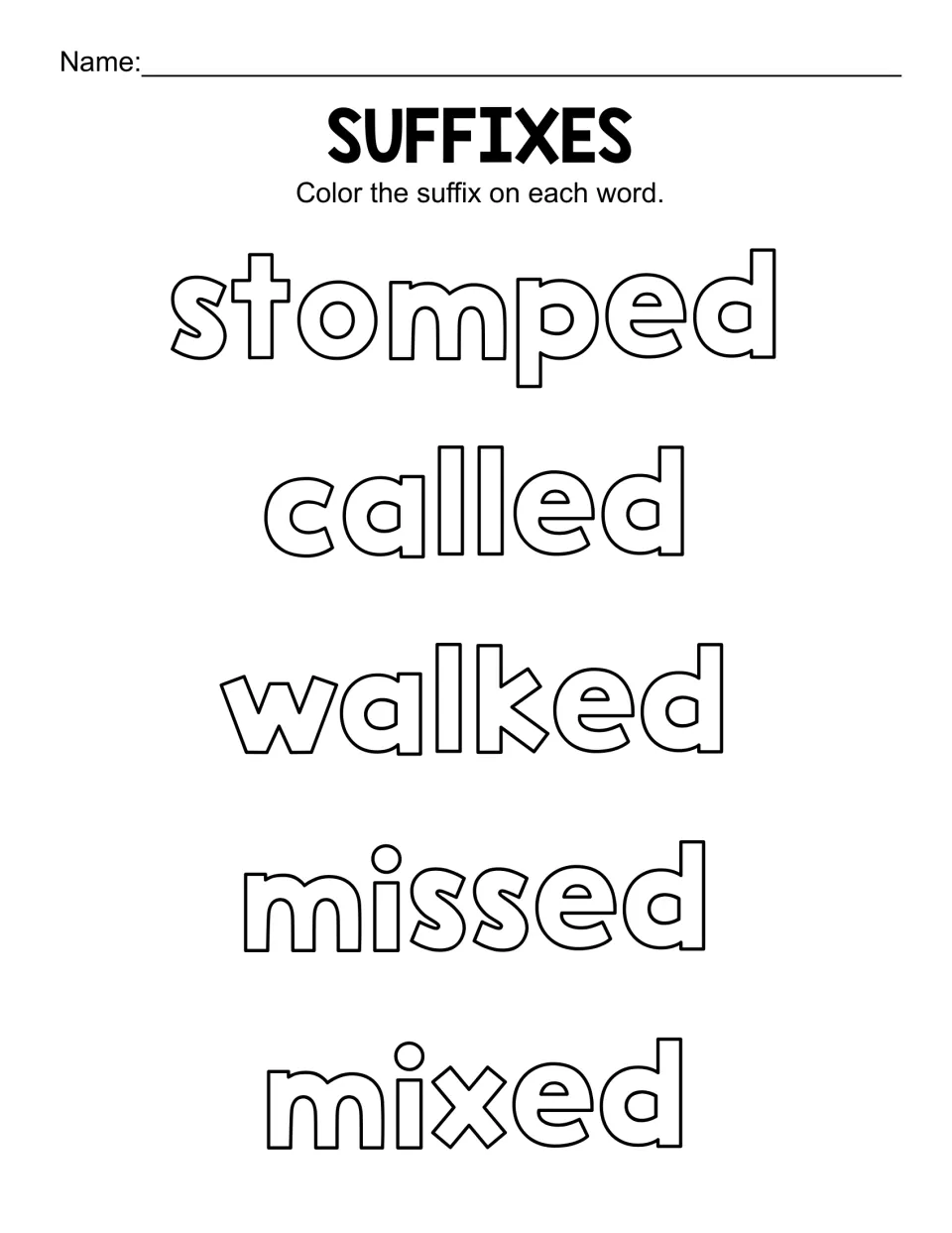 Suffix -ed identification: students colour the past-tense ending in stomped, called, walked, missed and mixed