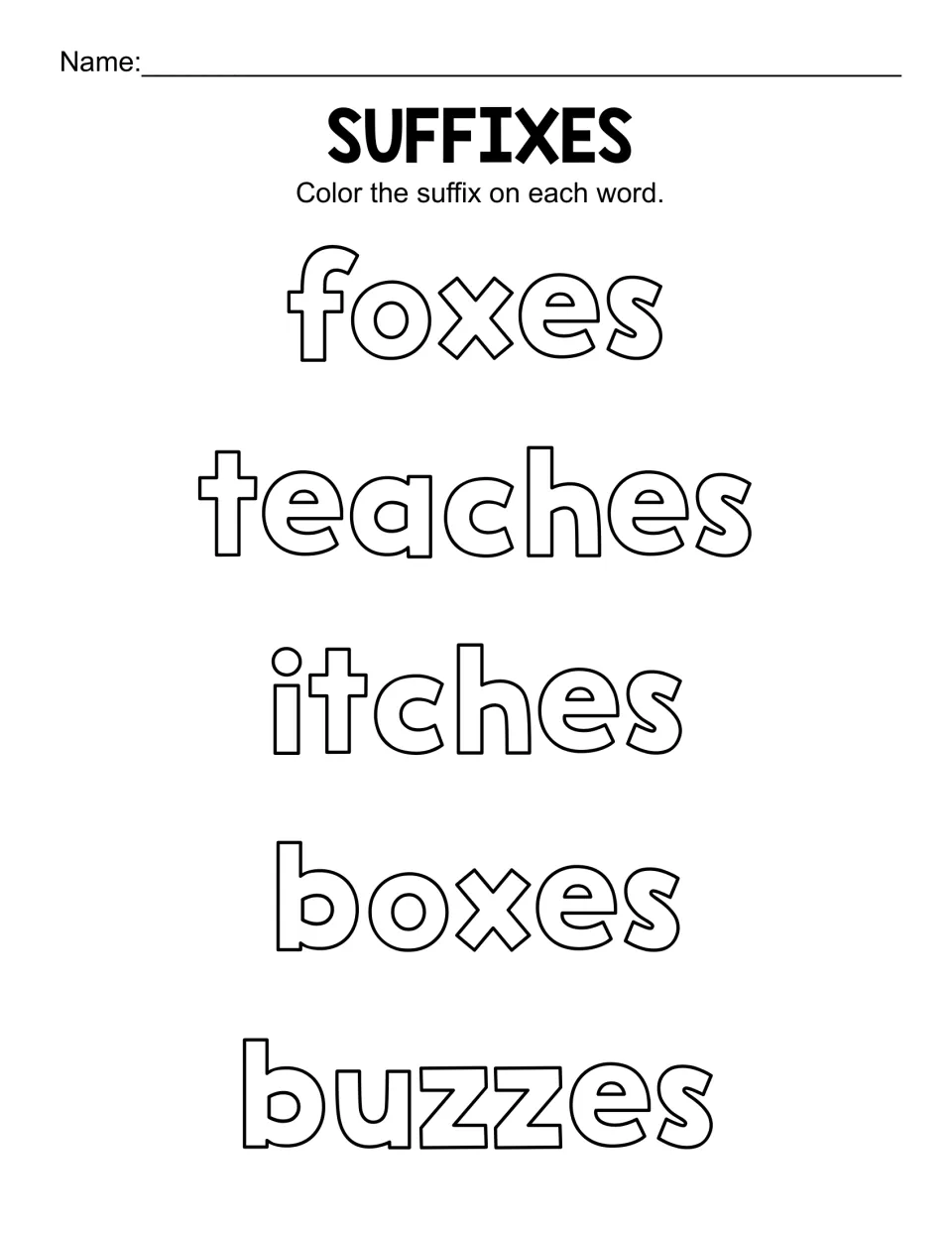 Suffix -es identification: students colour -es in the plural and verb forms foxes, teaches, itches, boxes and buzzes