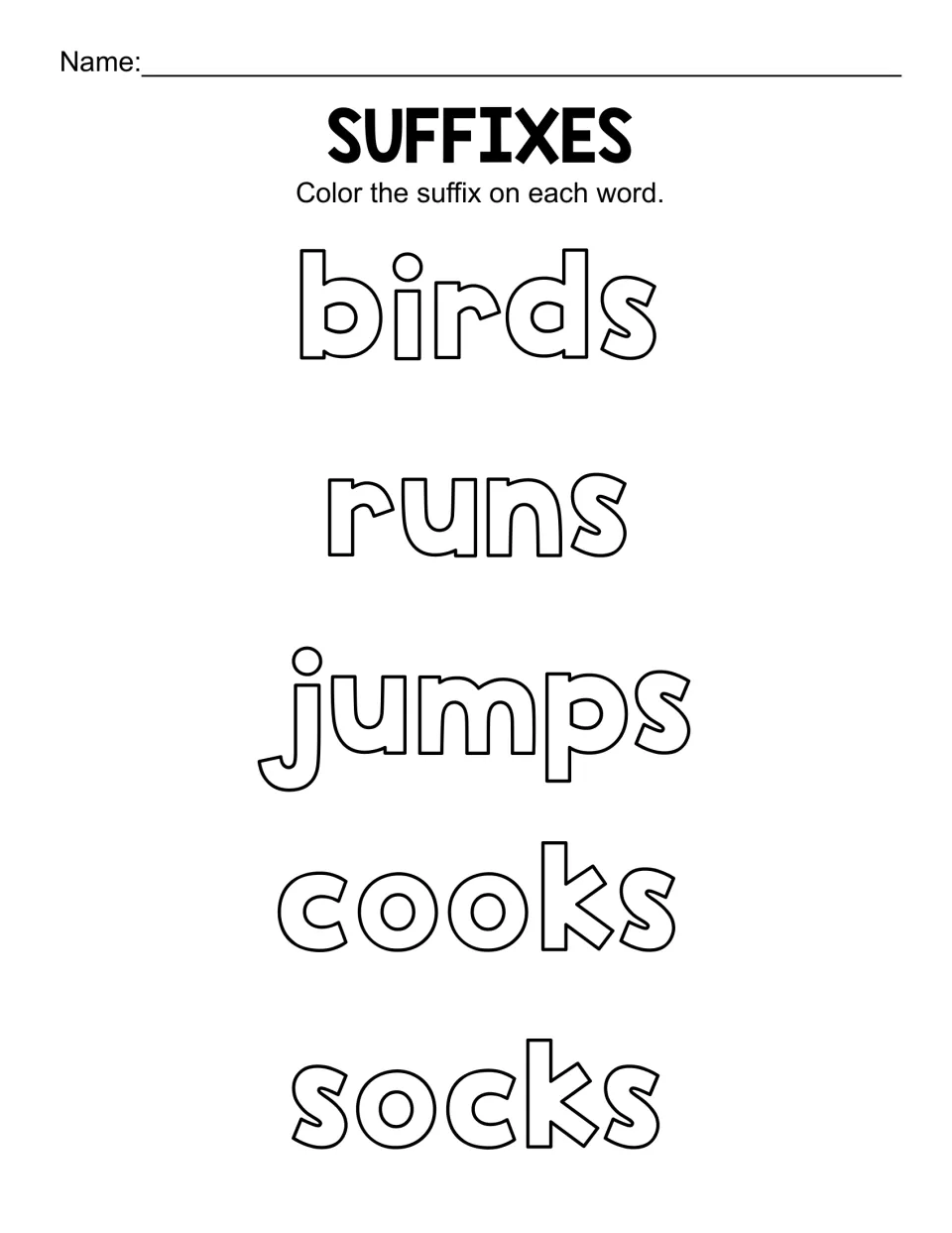 Suffix -s identification: students colour the final s on birds, runs, jumps, cooks and socks