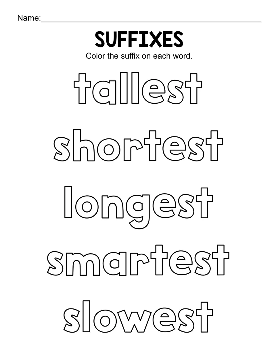 Superlative suffix -est: students colour the ending on tallest, shortest, longest, smartest and slowest