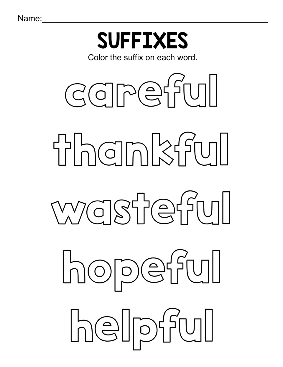 Suffix -ful identification: students colour -ful on careful, thankful, wasteful, hopeful and helpful