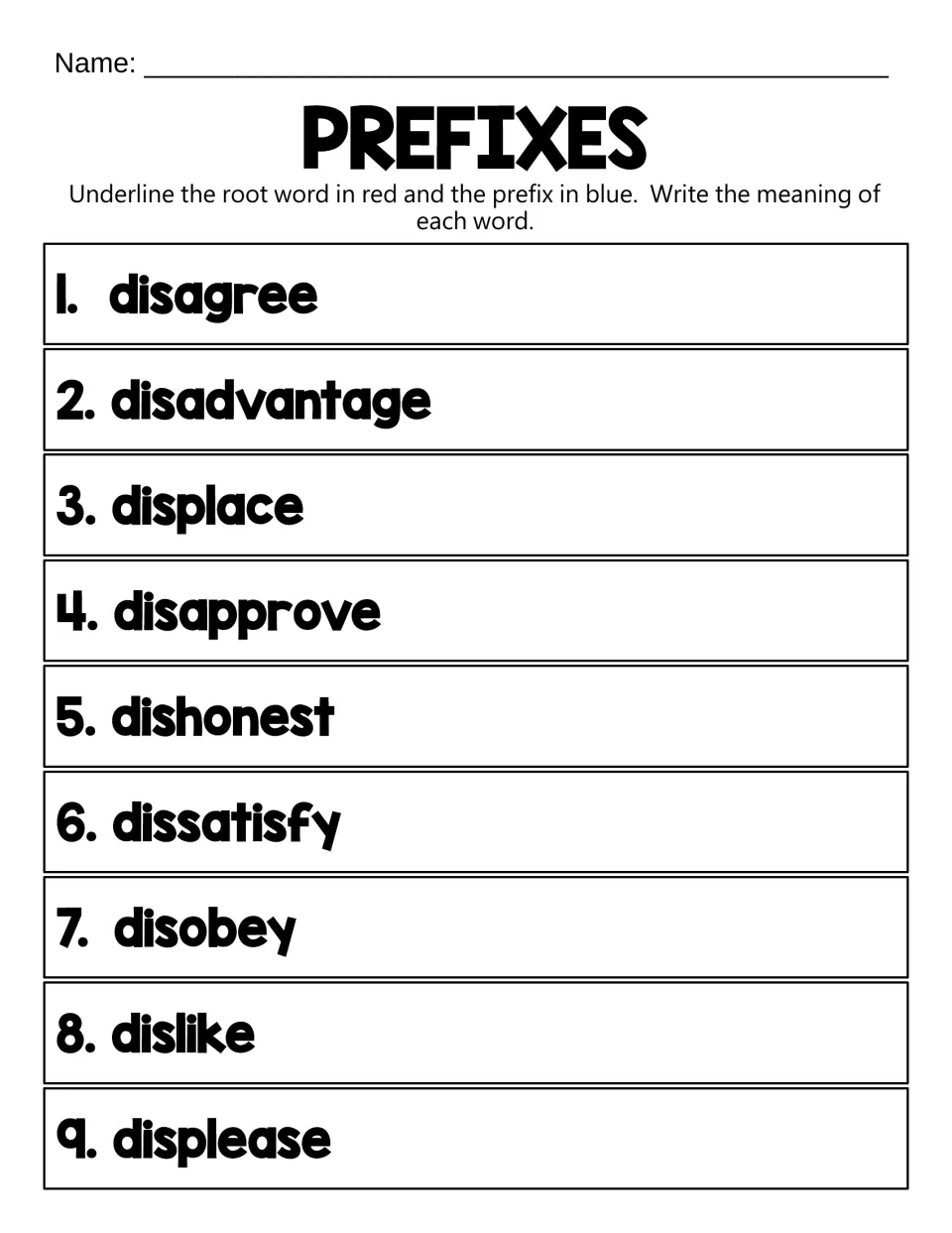 Prefix dis-: students underline the root word in red and prefix in blue for 9 words like disagree, then write each meaning