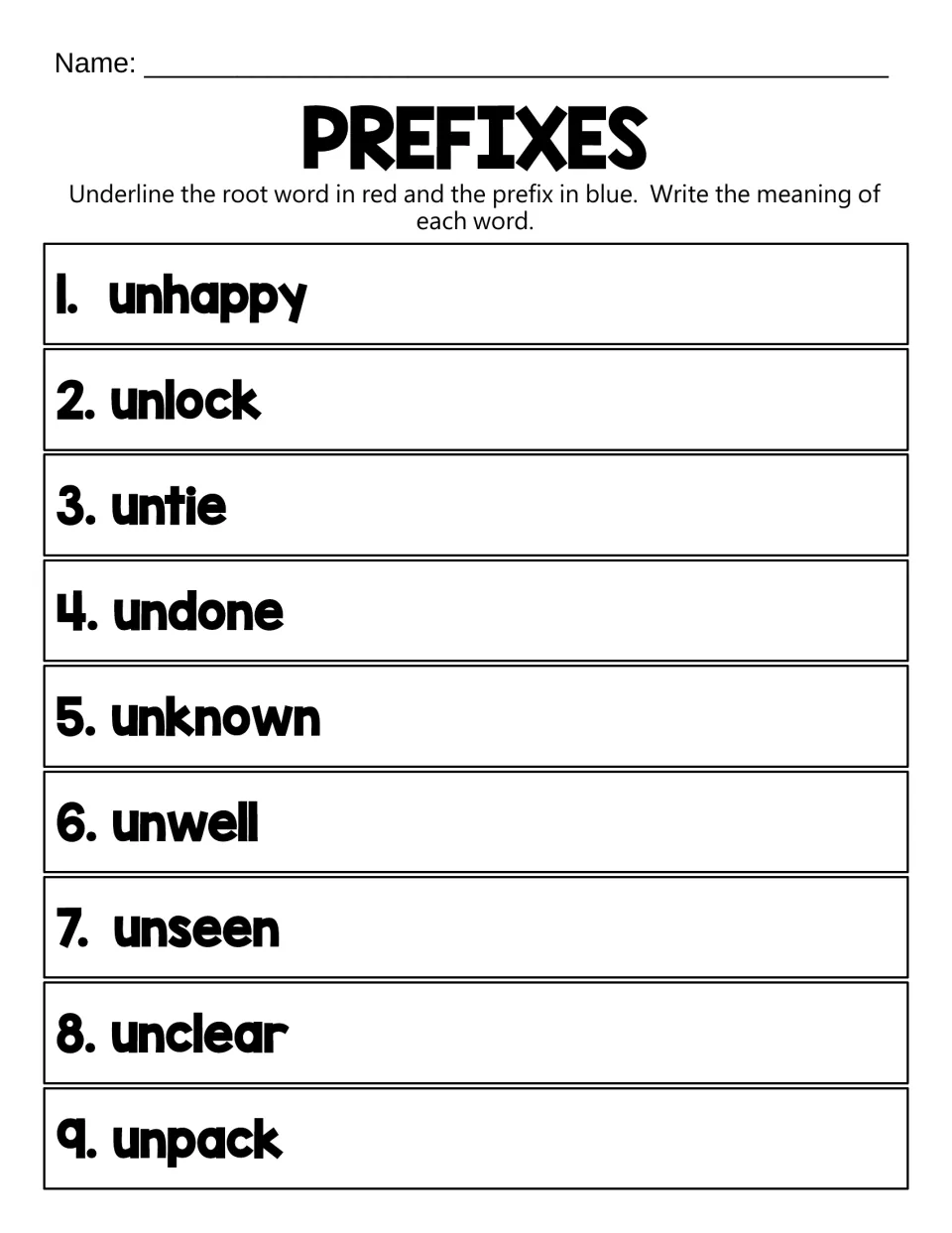 Prefix un-: students color-code the root and prefix in unhappy, unlock, untie, unknown and unpack, then define each word