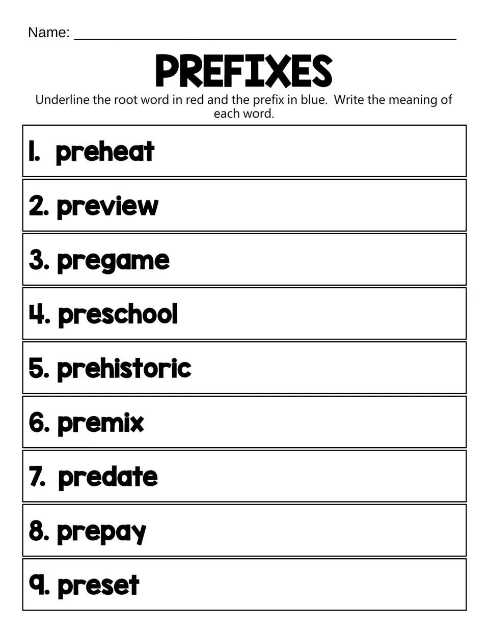 Prefix pre-: students underline roots in red and pre- in blue for preheat, preschool, prehistoric, prepay, then define them