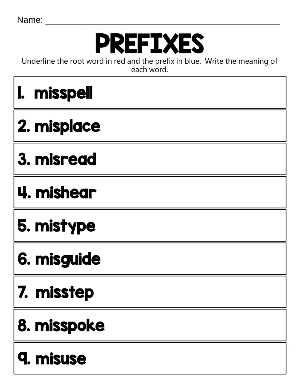 Prefix mis-: students split misspell, misread, mishear, misuse and more into root and prefix, then write each word's meaning