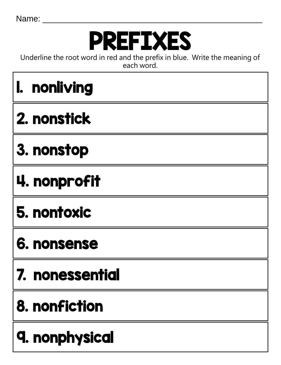 Prefix non-: students find the root in nonliving, nonstop, nontoxic and nonfiction, underline non- in blue and write meanings
