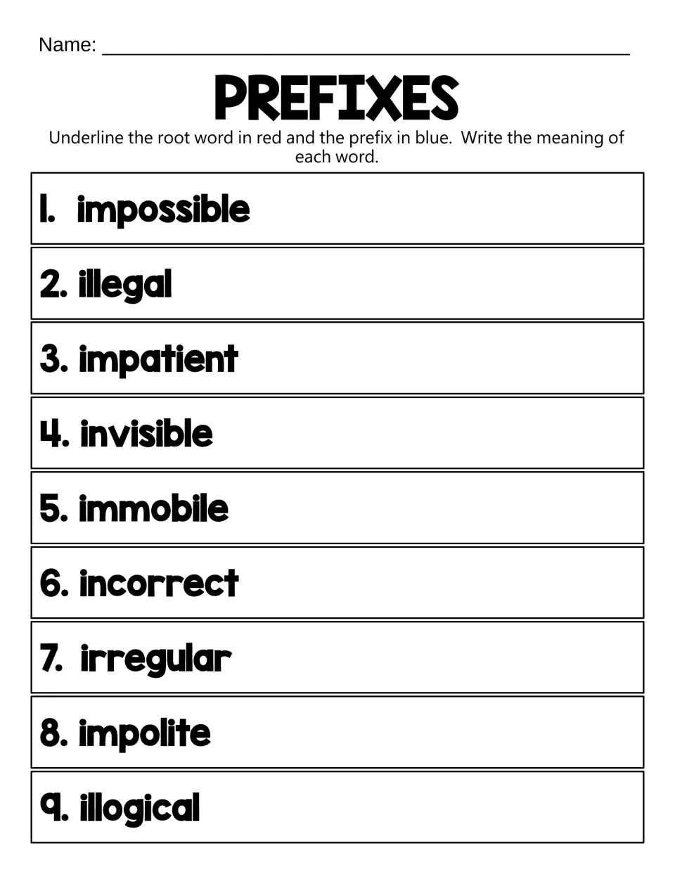 Prefixes im-, il-, in-, ir-: students mark root and prefix in impossible, illegal, invisible, irregular, then write meanings