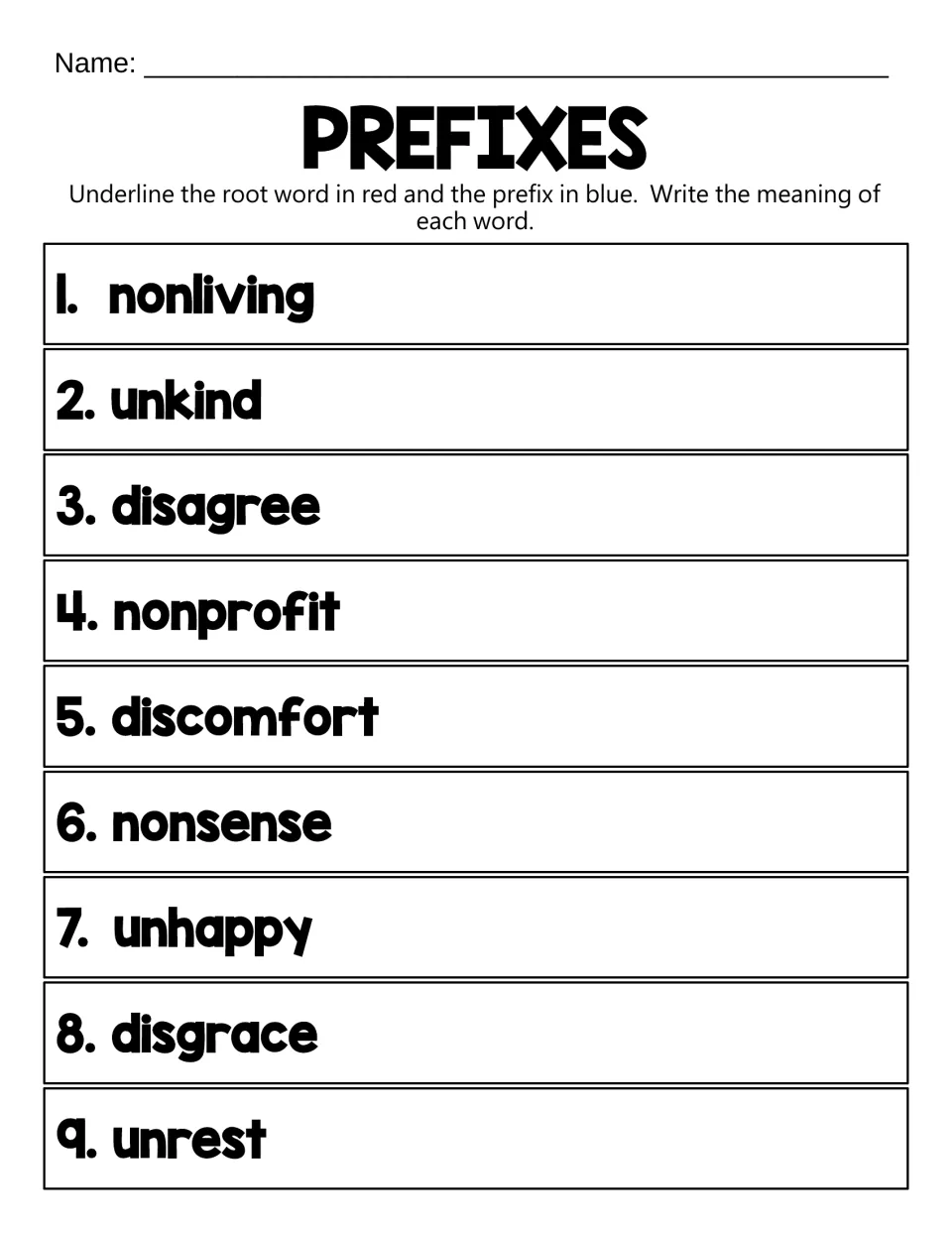 Mixed prefixes non-, un-, dis-: students underline roots and prefixes in 9 words like unkind and discomfort, then define them