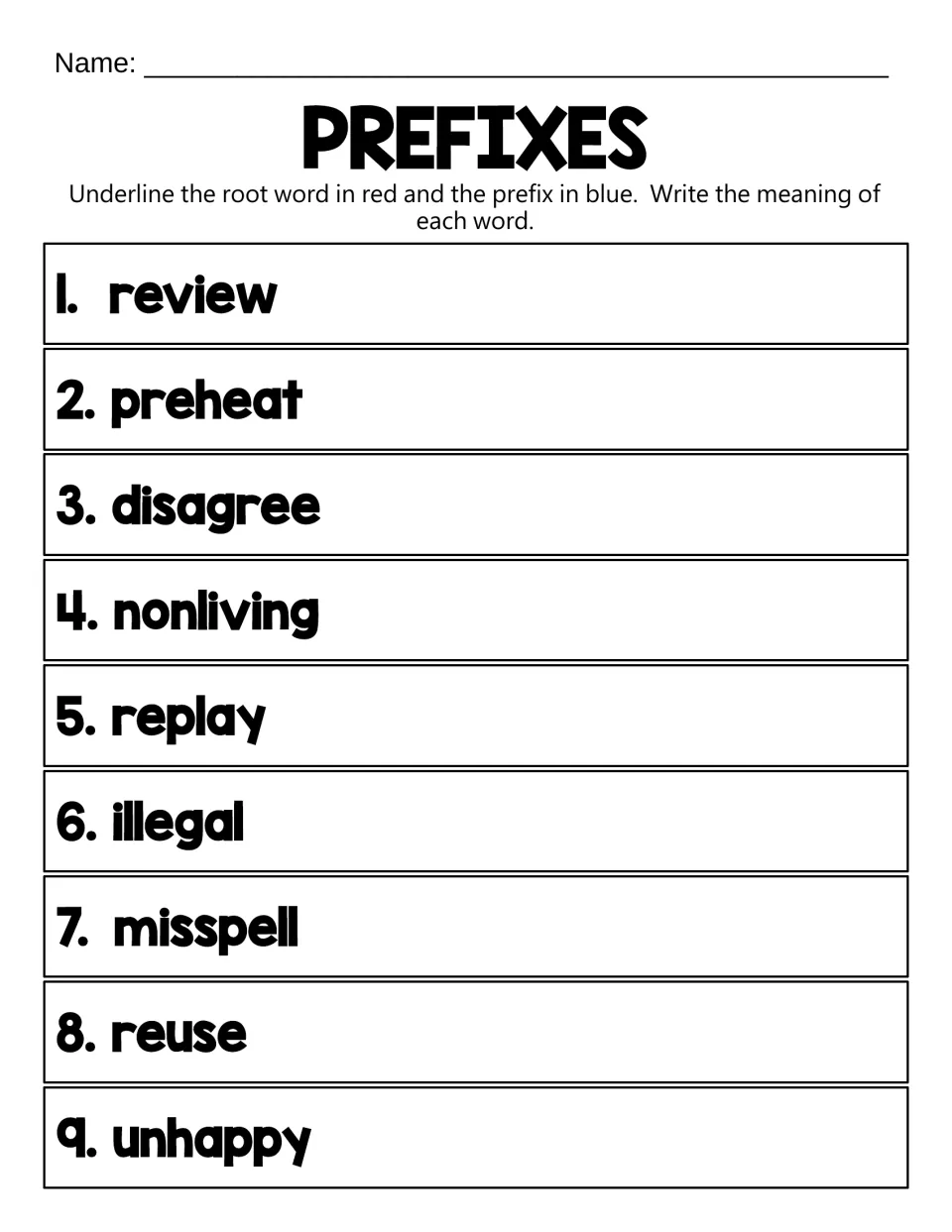 Mixed review of re-, pre-, dis-, non-, il-, mis- and un-: students mark root and prefix in 9 words and write each meaning