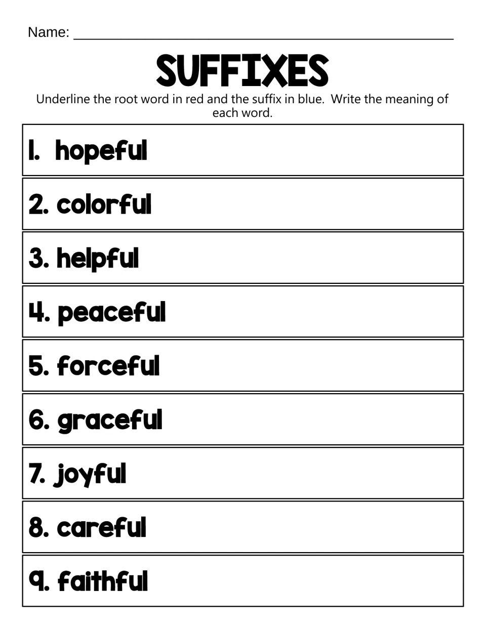 Suffix -ful: students underline the root in red and -ful in blue in hopeful, colorful, peaceful and more, then define each