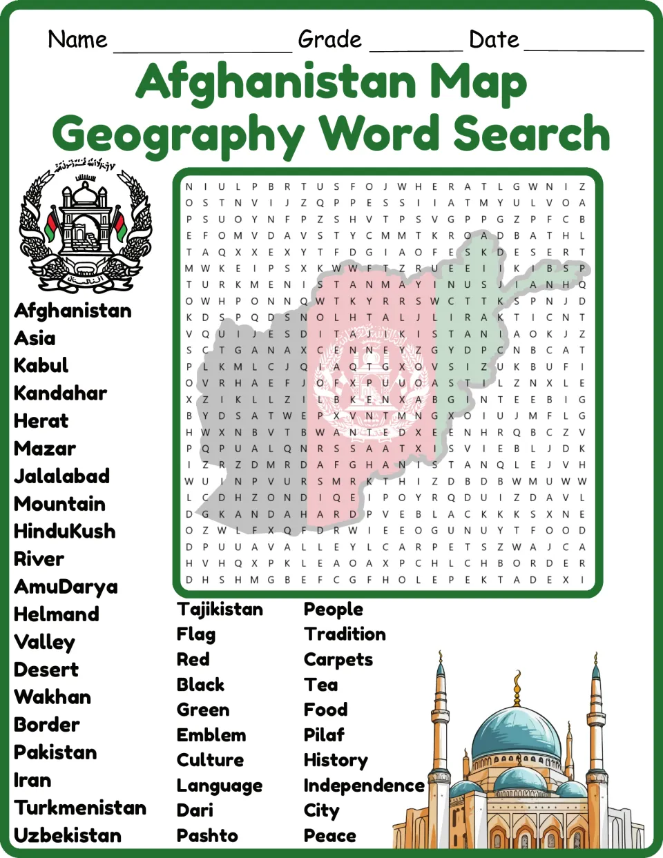 Color Afghanistan word search featuring 40 words, including Kabul, Kandahar, Hindukush, Dari, and Pashto.