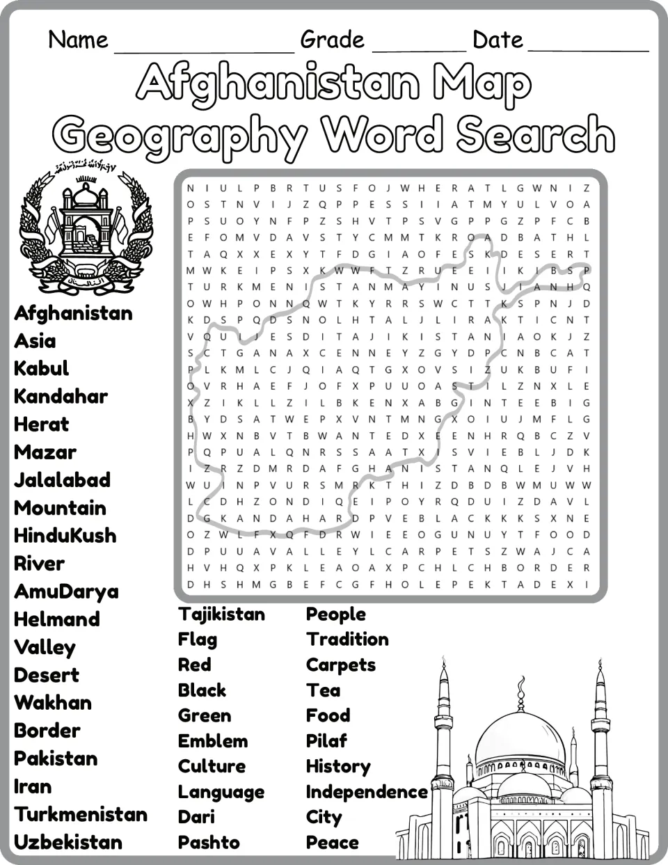 Black-and-white Afghanistan word search featuring 40 words, including Helmand, Wakhan, Pakistan, and Iran.
