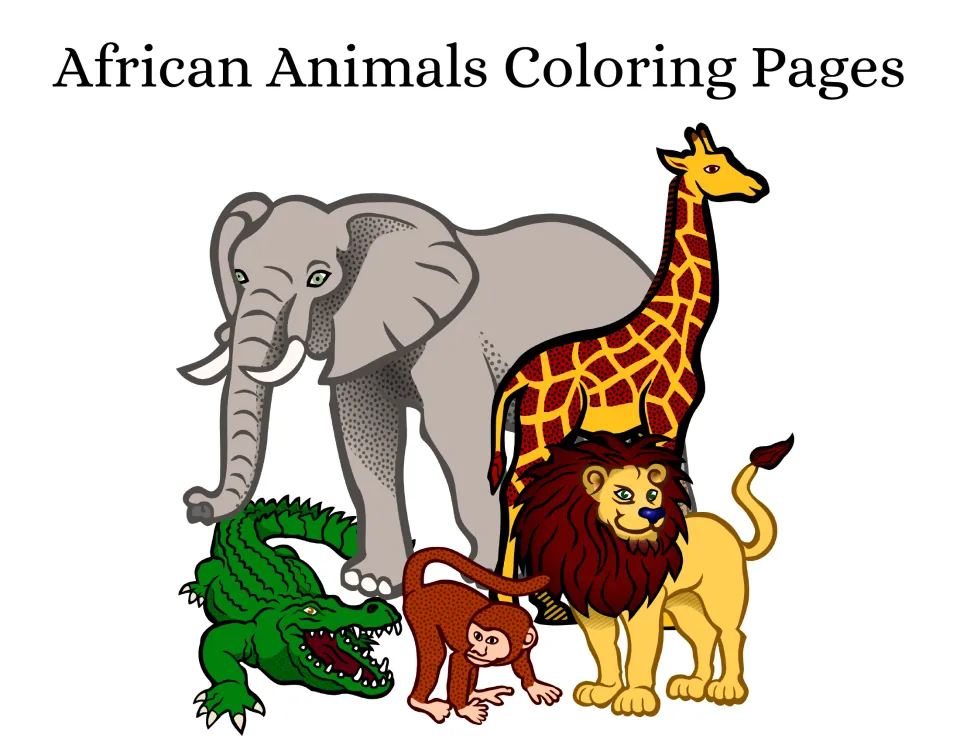 African Animals Coloring Pages cover: color drawings of an elephant, giraffe, lion, monkey and crocodile together