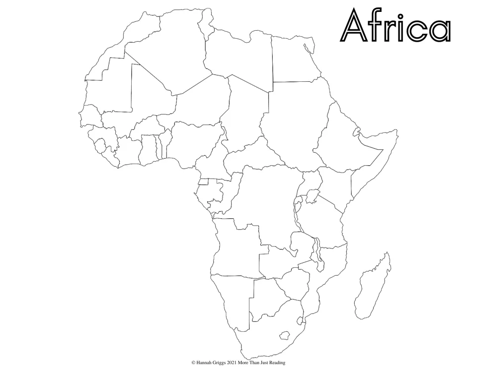 Africa map coloring page: students color an outline map of the continent divided into its countries, plus Madagascar