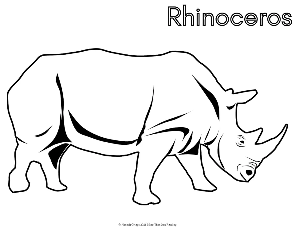 Rhinoceros coloring page: students color a side view of a rhino with two horns on its snout, head down as it walks