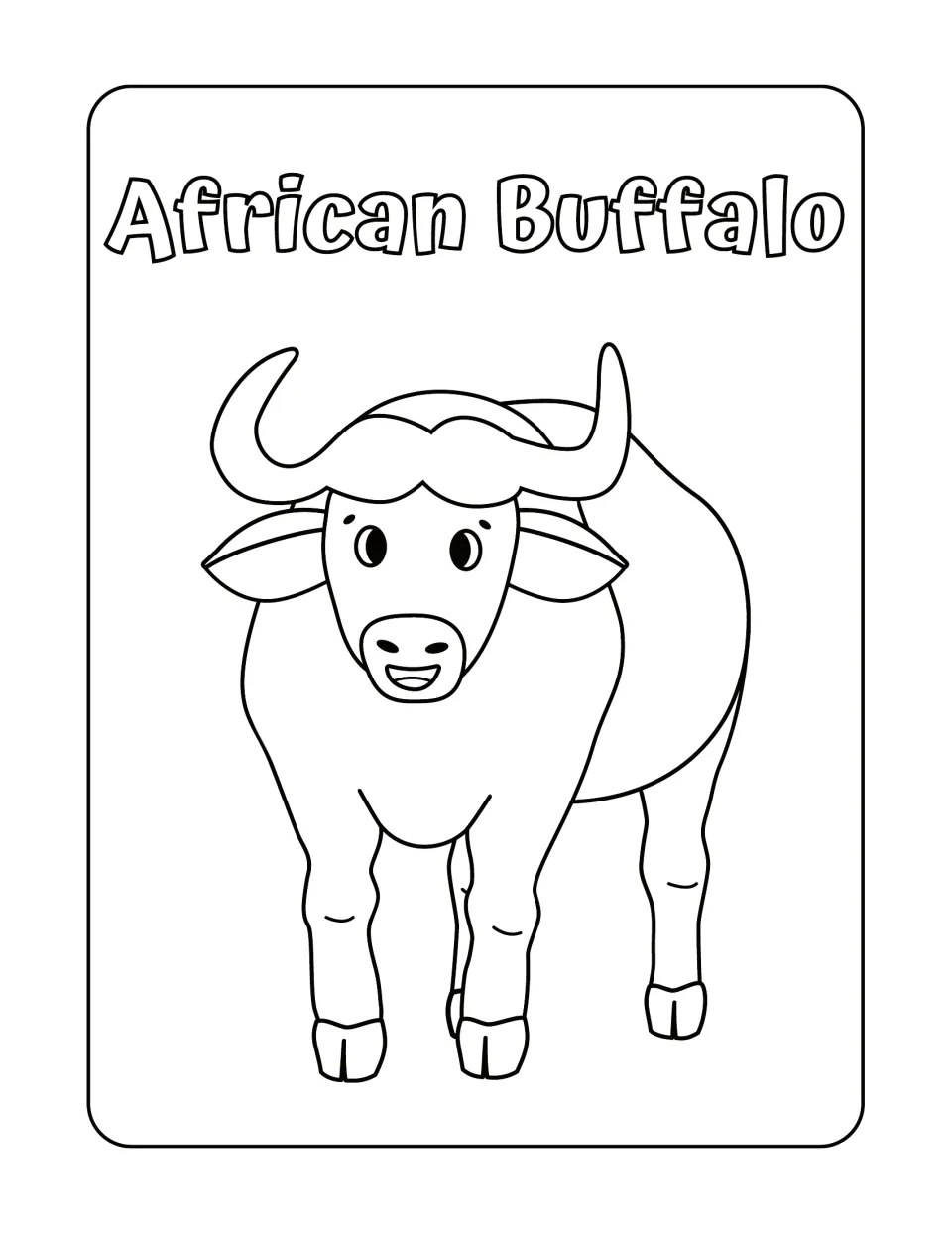African buffalo: students color a smiling cartoon buffalo with curved horns, facing forward under its bubble-letter name