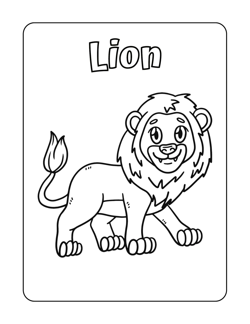 Lion: students color a walking cartoon lion with a shaggy mane and tufted tail below the word Lion in hollow letters