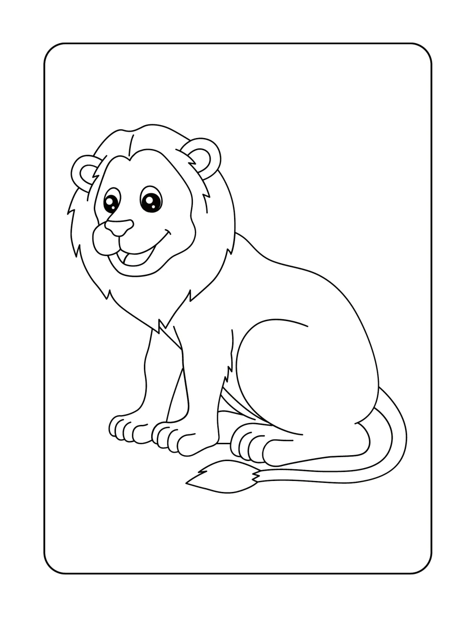 Lion without a label: students color a smiling seated lion with a full mane, its long tail curled around its paws