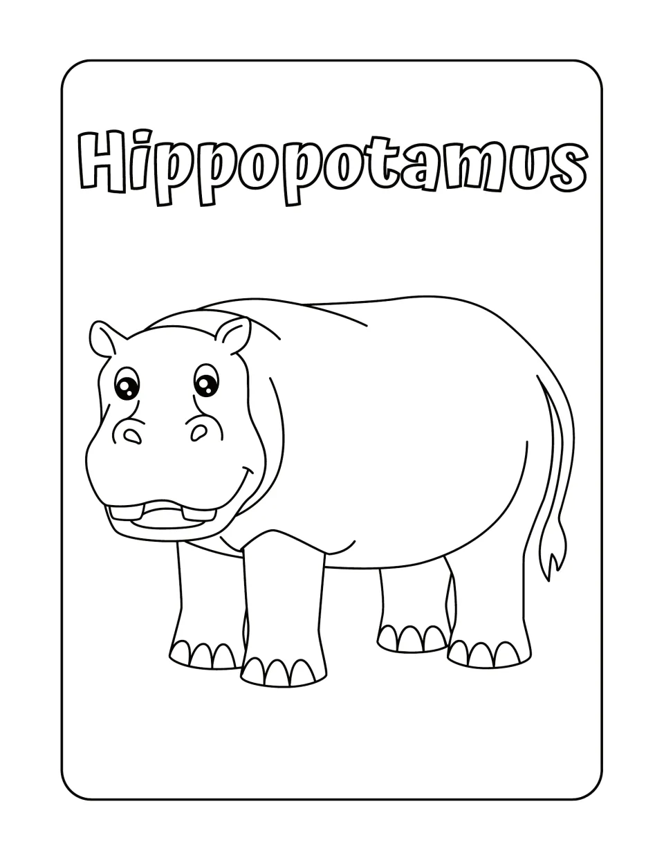 Hippopotamus: students color a standing cartoon hippo with a wide toothy smile, below the animal's name in outline letters