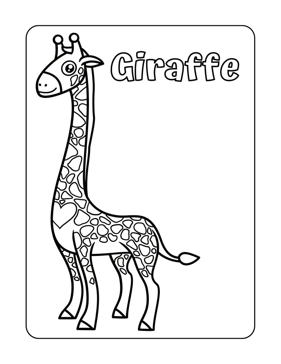 Giraffe: students color a tall cartoon giraffe covered in patch spots, with its name printed beside its head