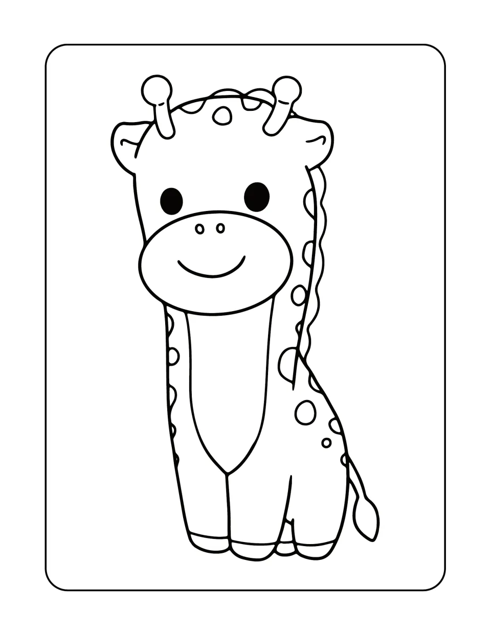Baby giraffe, unlabeled: students color a small smiling giraffe with ossicones, a few round spots and a short tail