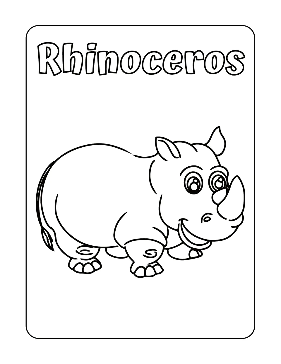 Rhinoceros: students color a round cartoon rhino with a large nose horn and big eyes, under its title in block letters