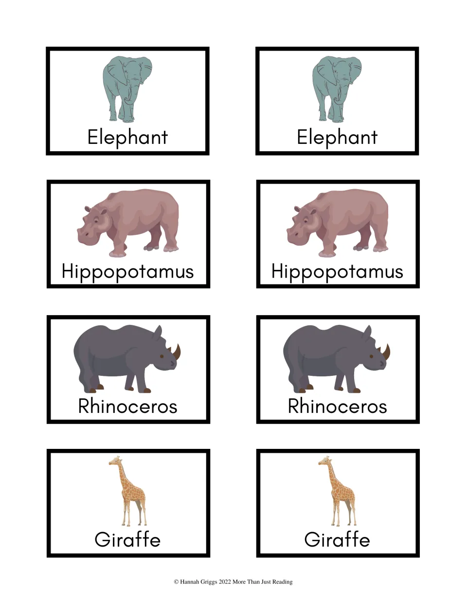 Animal game cards 1–8: paired pictures and names of Elephant, Hippopotamus, Rhinoceros and Giraffe