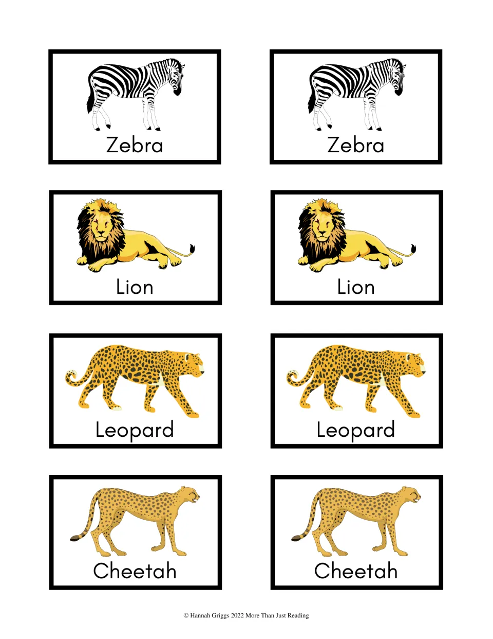 Animal game cards 9–16: paired pictures and names of Zebra, Lion, Leopard and Cheetah for matching games