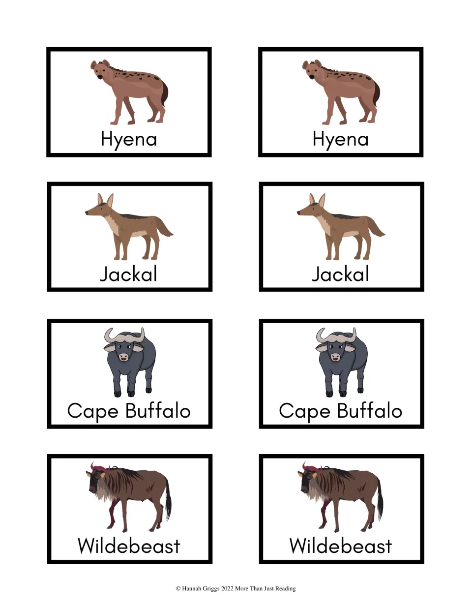 Animal game cards 17–24: paired pictures and names labeled Hyena, Jackal, Cape Buffalo and Wildebeast