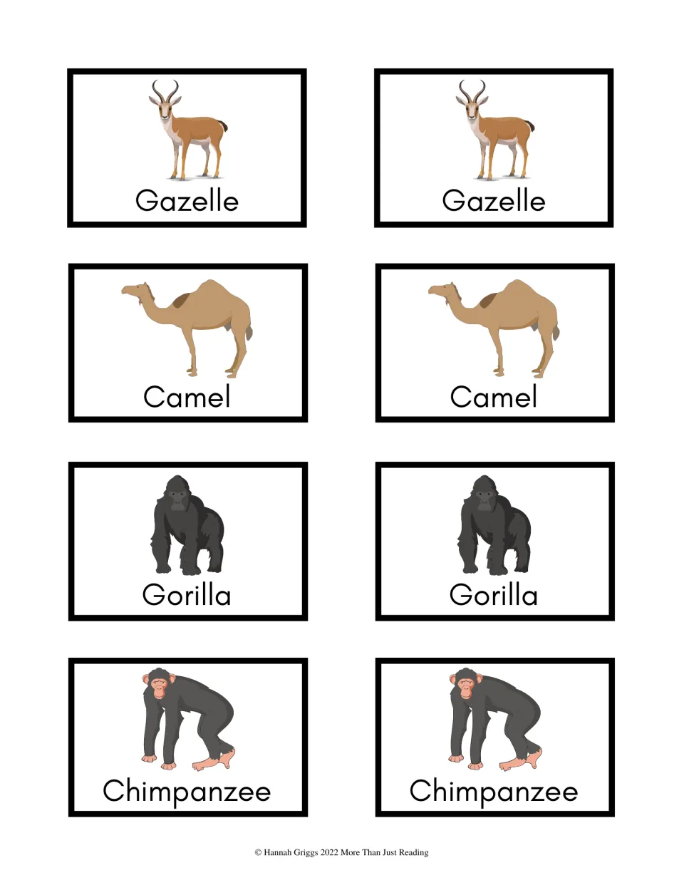 Animal game cards 25–32: paired pictures and names of Gazelle, Camel, Gorilla and Chimpanzee