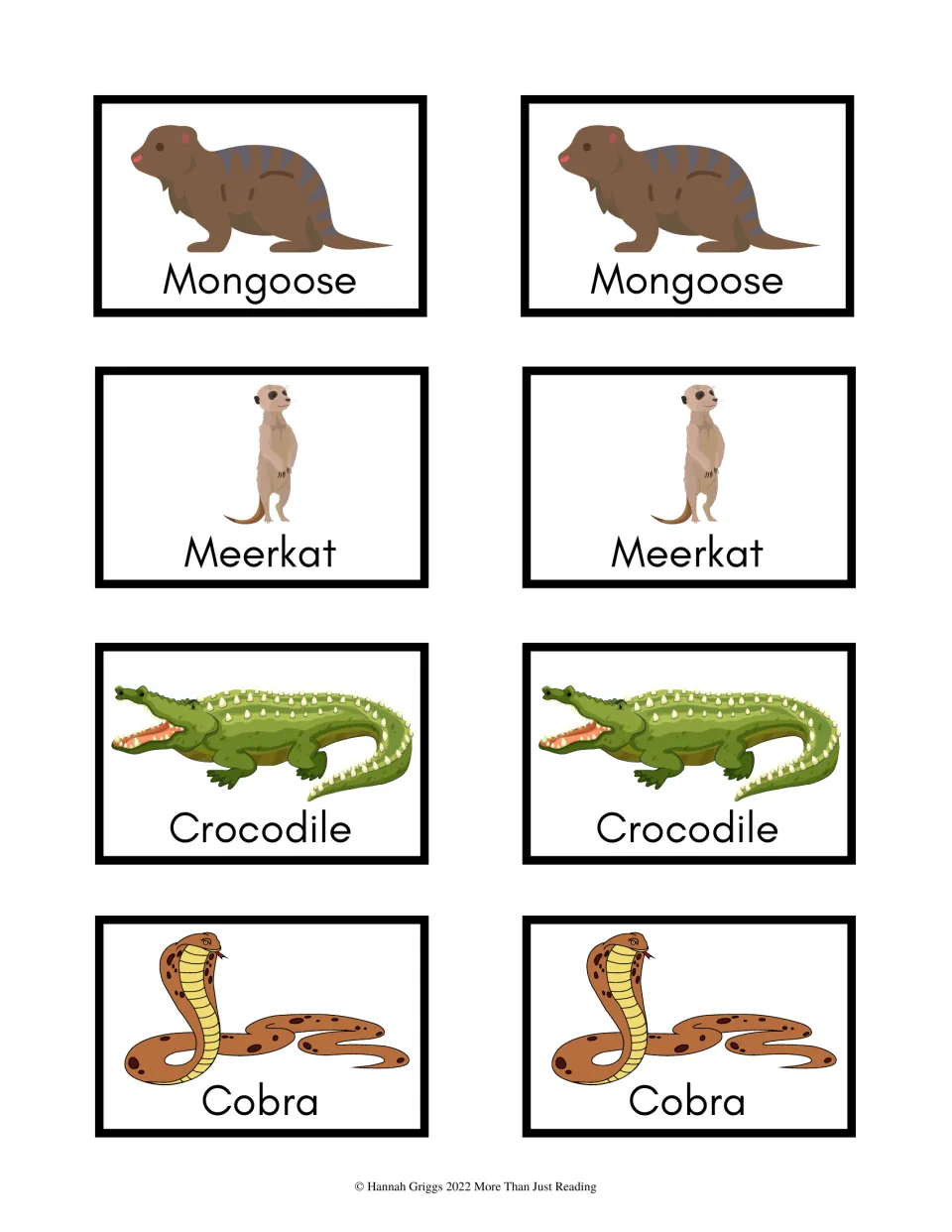 Animal game cards 41–48: paired pictures and names of Mongoose, Meerkat, Crocodile and Cobra