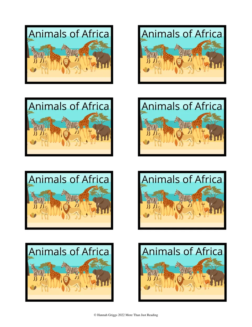 Eight matching card backs labeled Animals of Africa, provided for making the animal cards two-sided