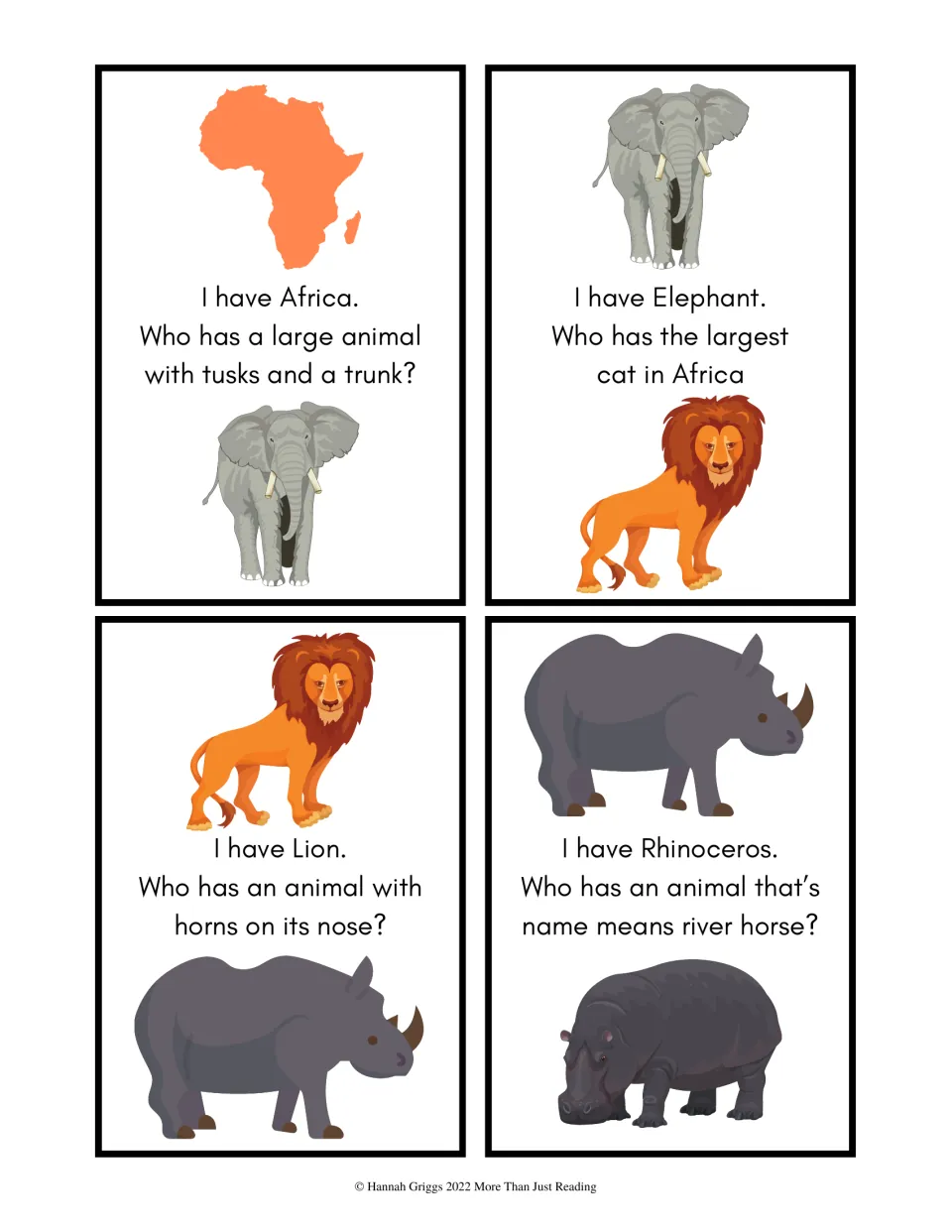 Level 1 picture cards for Africa, Elephant, Lion and Rhinoceros, each with a Who Has clue about the next animal's features