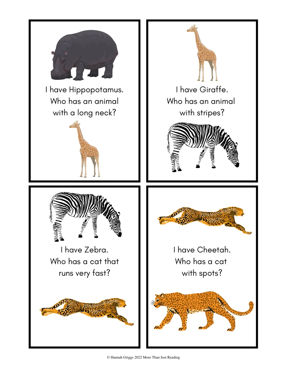 Level 1 picture cards for Hippopotamus, Giraffe, Zebra and Cheetah with clues about a long neck, stripes, speed and spots