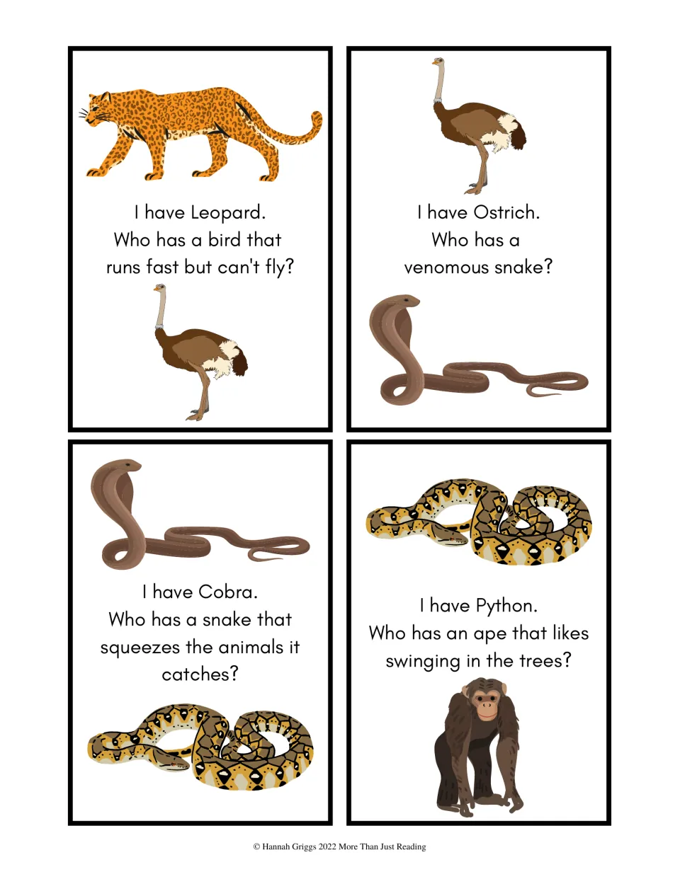 Level 1 picture cards for Leopard, Ostrich, Cobra and Python with clues about a flightless bird, venom and a squeezing snake