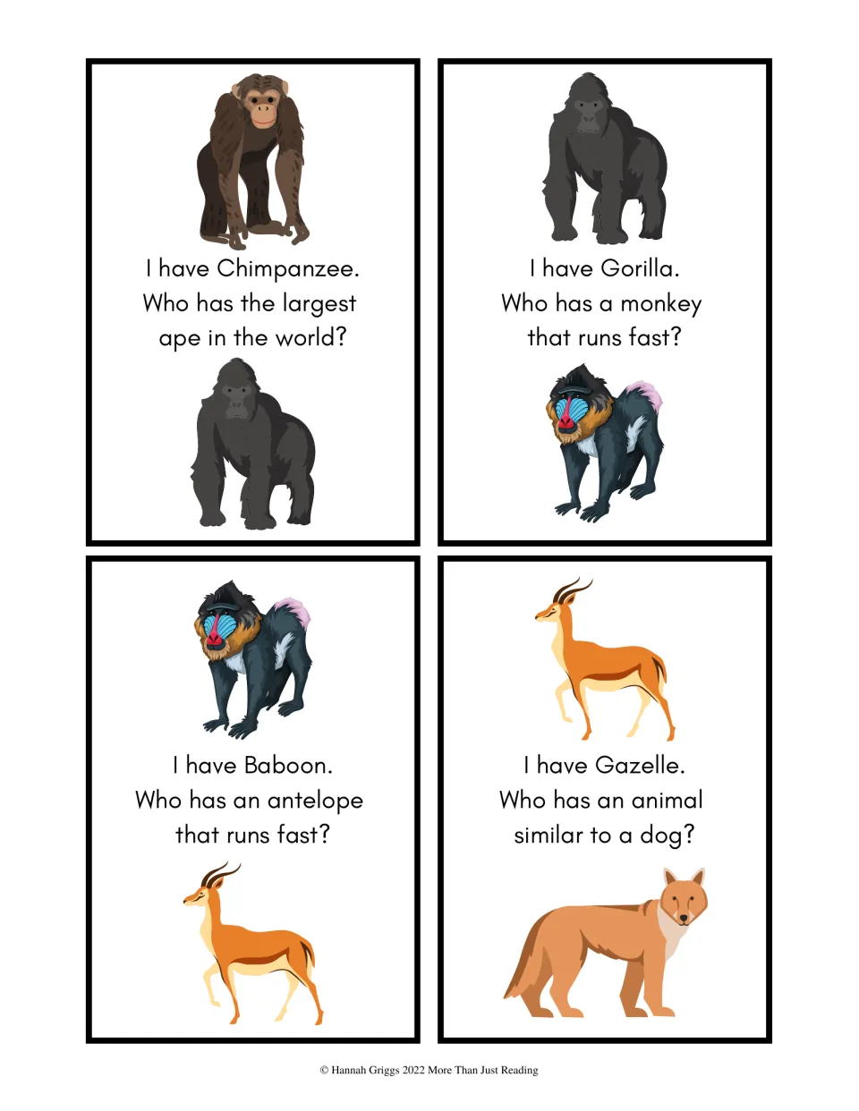 Level 1 picture cards for Chimpanzee, Gorilla, Baboon and Gazelle with clues about the largest ape and fast runners