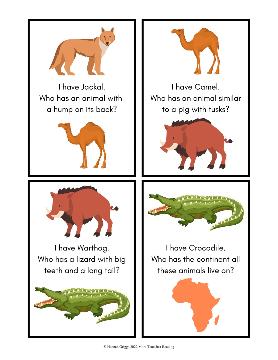 Level 1 picture cards for Jackal, Camel, Warthog and Crocodile; the last clue asks for the continent these animals live on