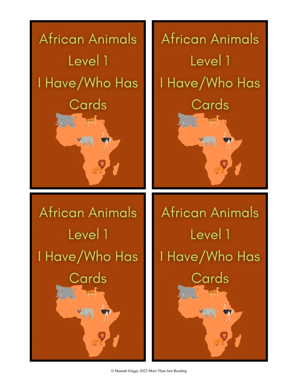 Level 1 card backs: a map of Africa with an elephant, rhino, gazelle, ostrich and lion, plus the game title