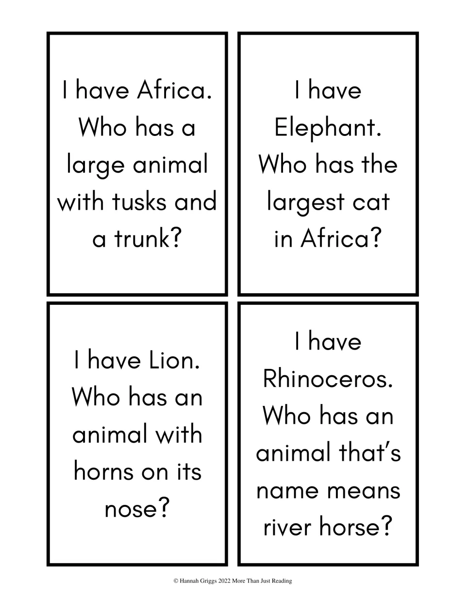 Level 2 word-only cards for Africa, Elephant, Lion and Rhinoceros with Who Has clues for reading without picture cues
