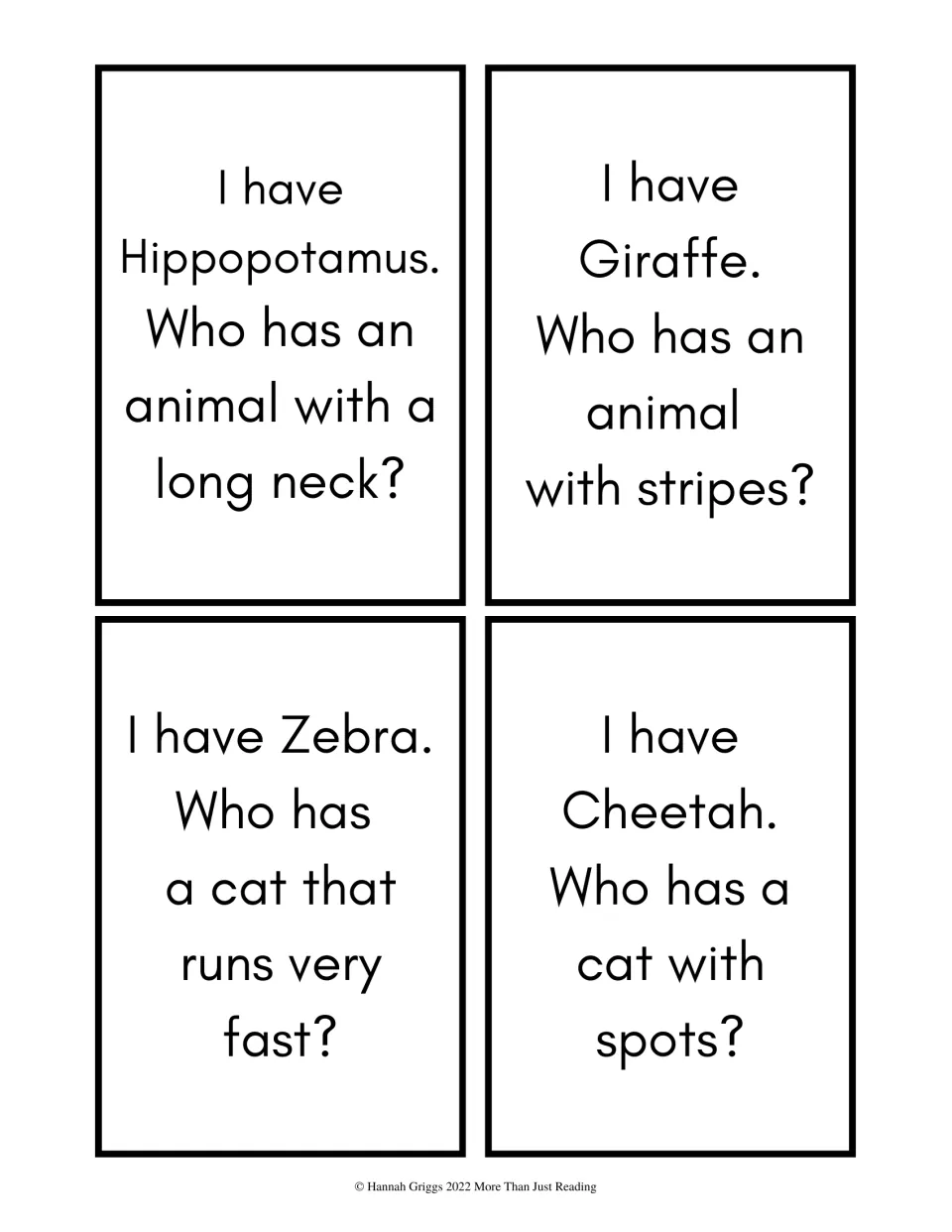 Level 2 word-only cards for Hippopotamus, Giraffe, Zebra and Cheetah with clues about a long neck, stripes and spots