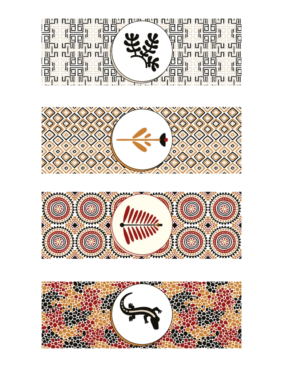 Four printable bookmarks in red, black and orange patterns, each with a center emblem: plant, branch, fern leaf and lizard