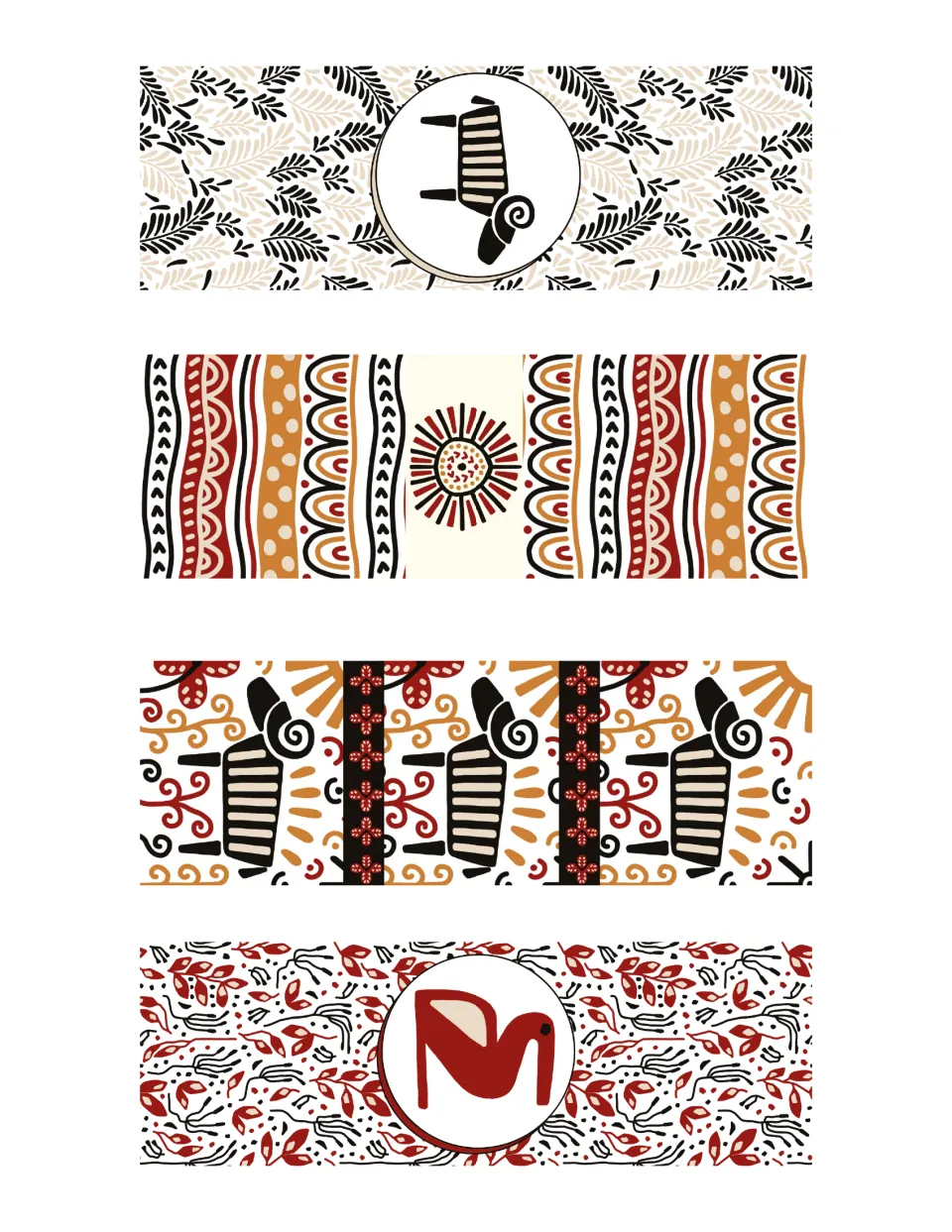 Four more patterned bookmarks: black leaf print, wavy stripes with a sunburst, repeated spiral motifs and a red bird emblem
